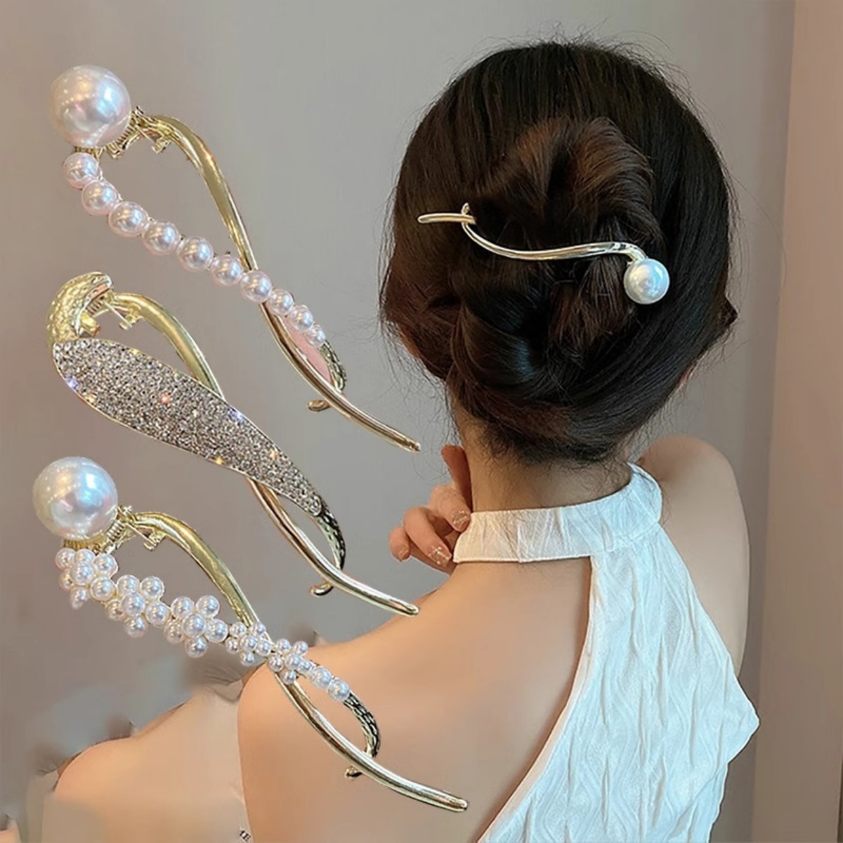 Korean Lifestyle & Kids Boutique Photos - エレガントなグリッターパールヘアクリップ レディース トレンドツイストヘアクリップ ガールズファッション デイリーライフヘアアクセサリー ジュエリーヘアピン