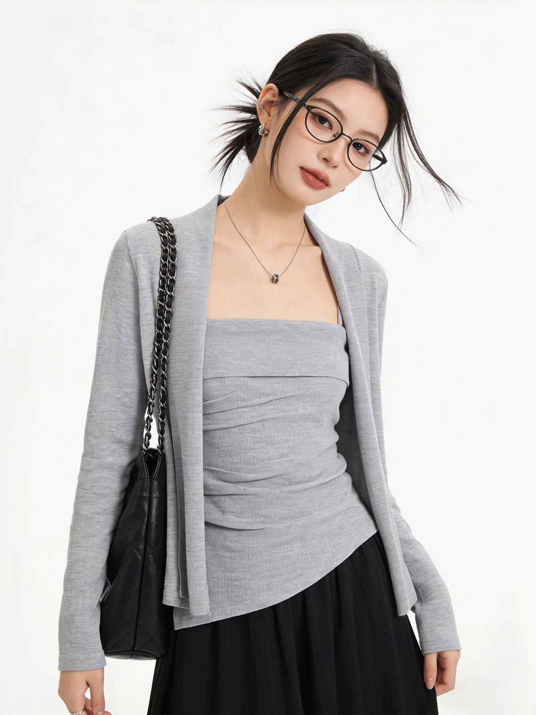 Korean Lifestyle & Kids Boutique Photos - Lu Life 肌に優しいショートニットカーディガン痩身ツーピースセット韓国スタイル通気性カジュアルウェア女性用