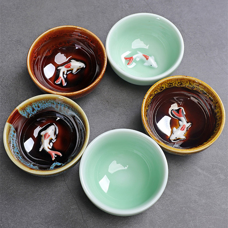 Celadon Ceramic Cup - 青磁魚かわいいティーカップ、中国のカンフーティーカップ、ホームオフィス、3個セット