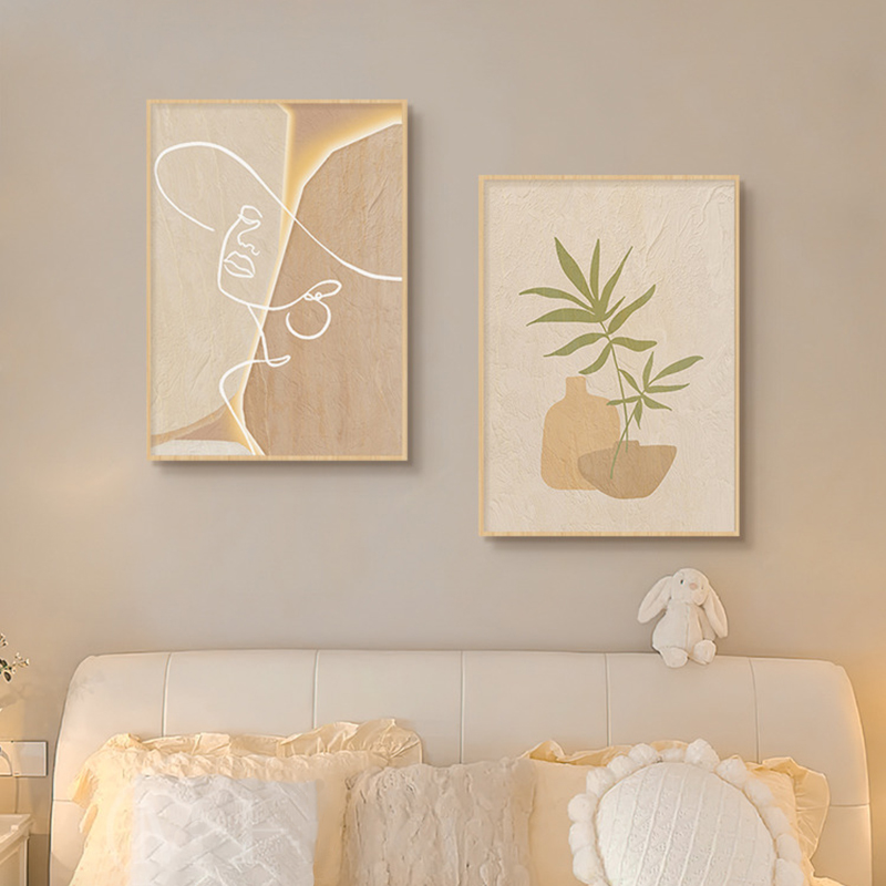 木製クリームスタイル抽象ラインアートキャンバス絵画植物ミニマ - Korean Arts And Lifestyle のレビューと価格