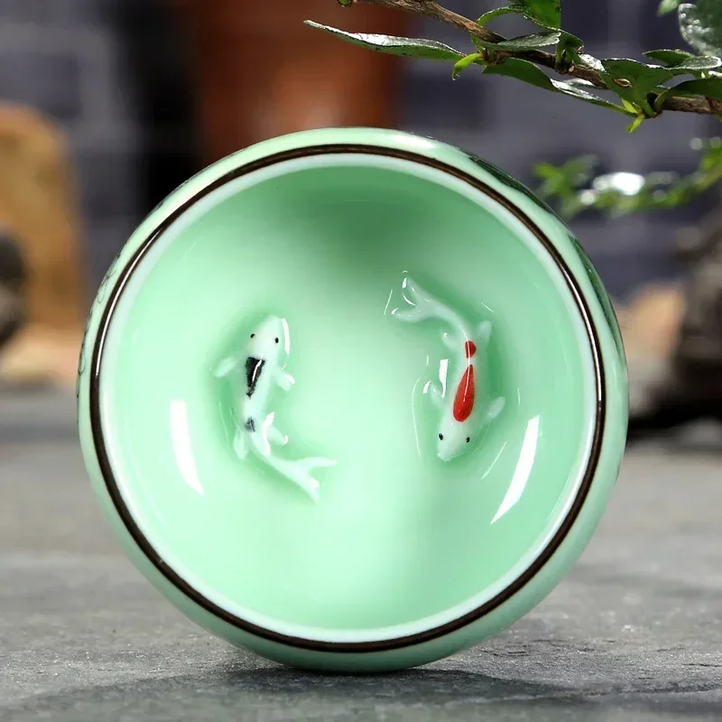 茶碗 陶器 1個 青磁 手描き 風景画 蓮 魚 茶碗 中国風 - Celadon Ceramic Cup のレビューと価格