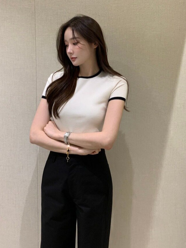 シックな夏の新作、薄手のカラーブロック半袖ニットセーター、韓 - Korean Lifestyle & Kids Boutique Photos のレビューと価格