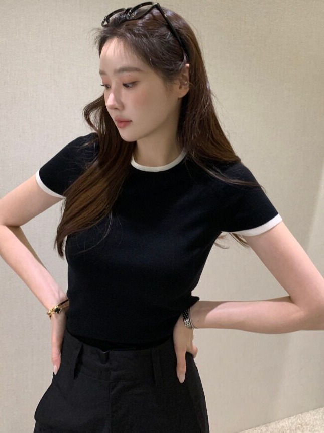 シックな夏の新作、薄手のカラーブロック半袖ニットセーター、韓 - Korean Lifestyle & Kids Boutique Photos のレビューと価格