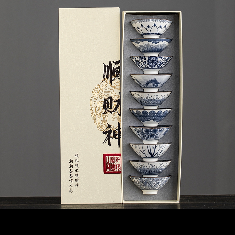10個入り/箱 青と白の磁器茶碗 セラミックカンフー小茶碗  - Celadon Ceramic Cup のレビューと価格